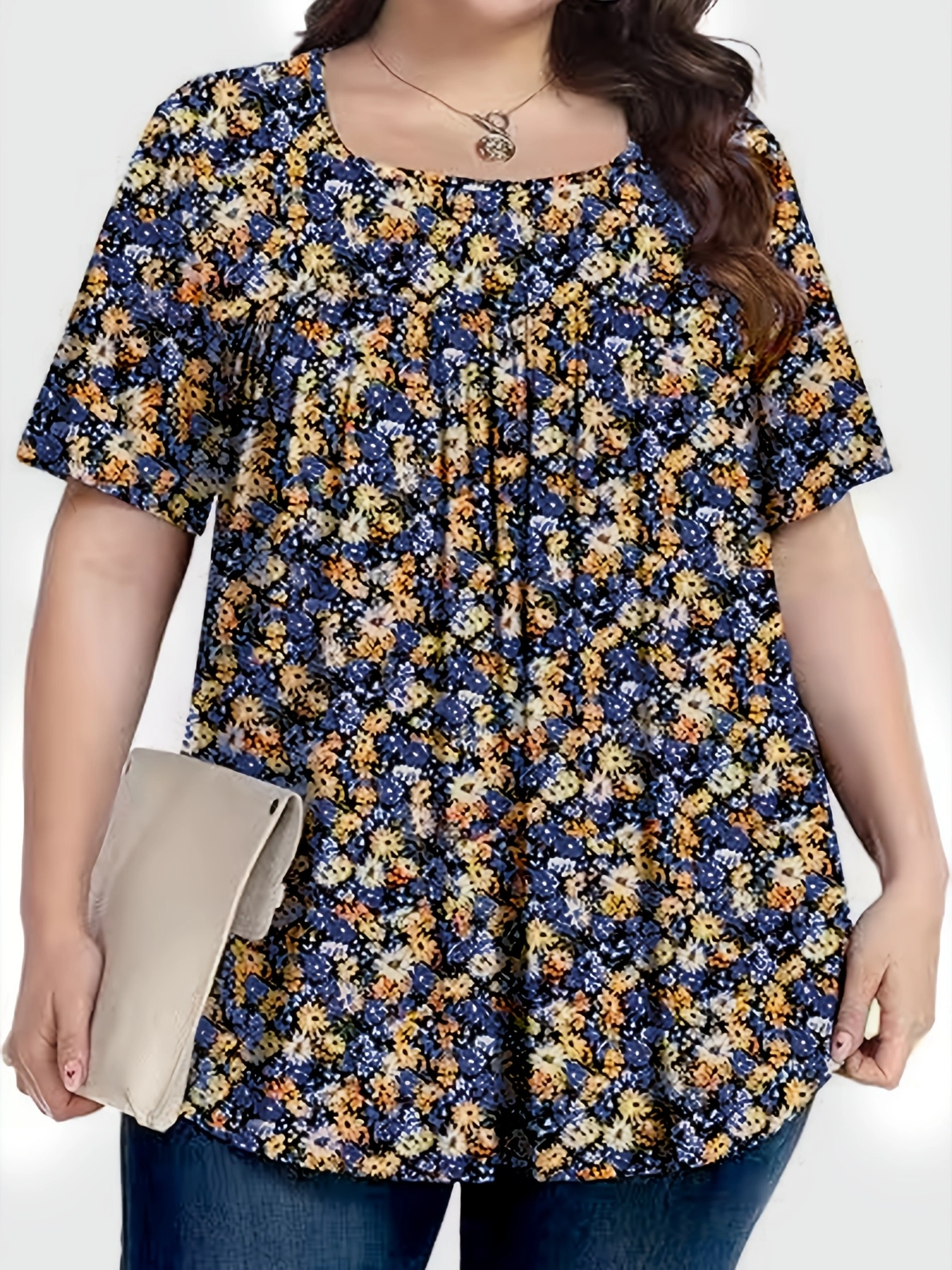 Vêtement pour femme de grande taille à imprimé floral, avec un col carré, des plis, des manches courtes et une coupe décontractée, adapté