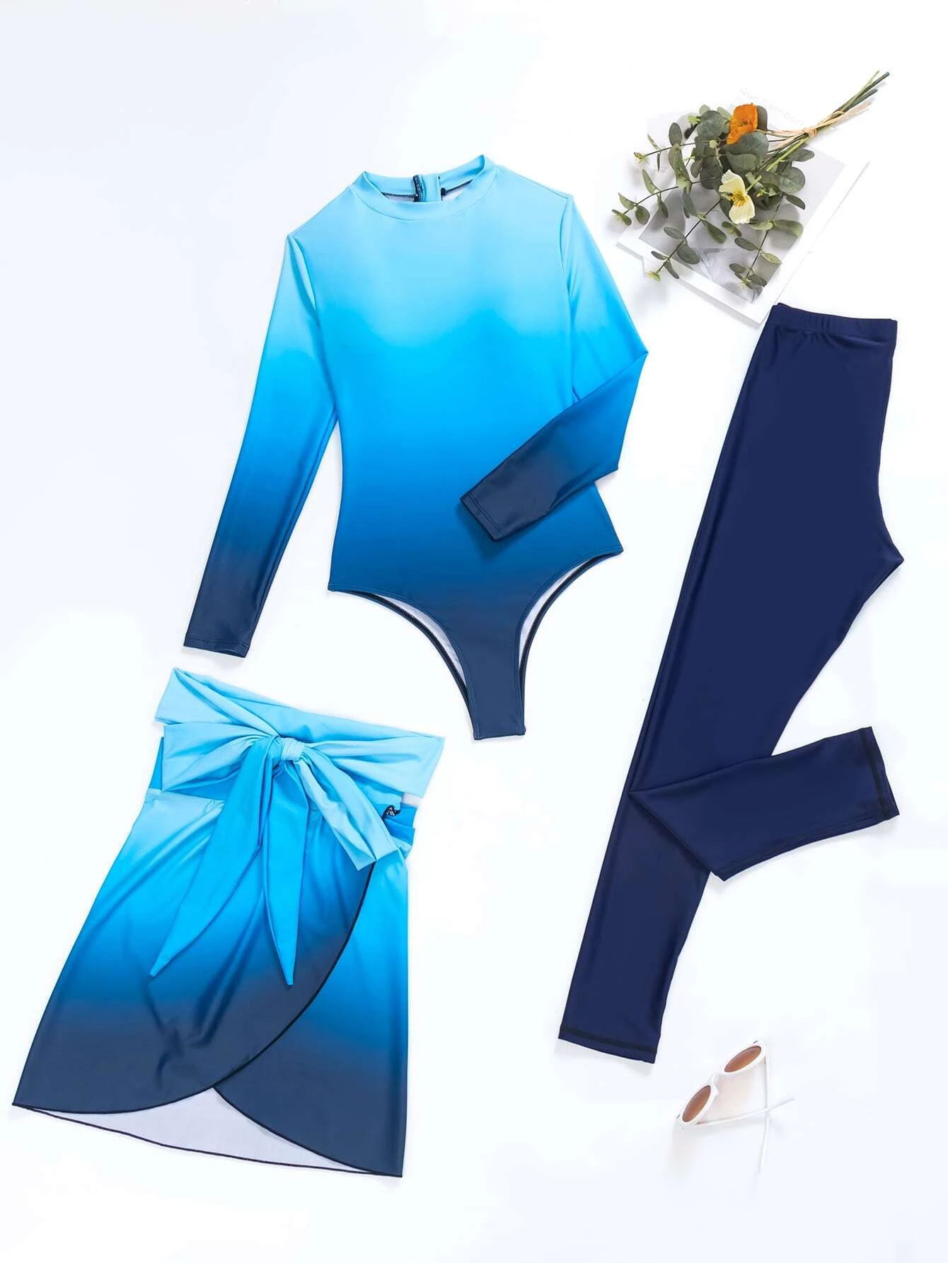 Burkini à manches longues pour femmes musulmanes, maillot de bain trois pièces, bleu nickel é, vêtements de plage d'été, nouvelle collection