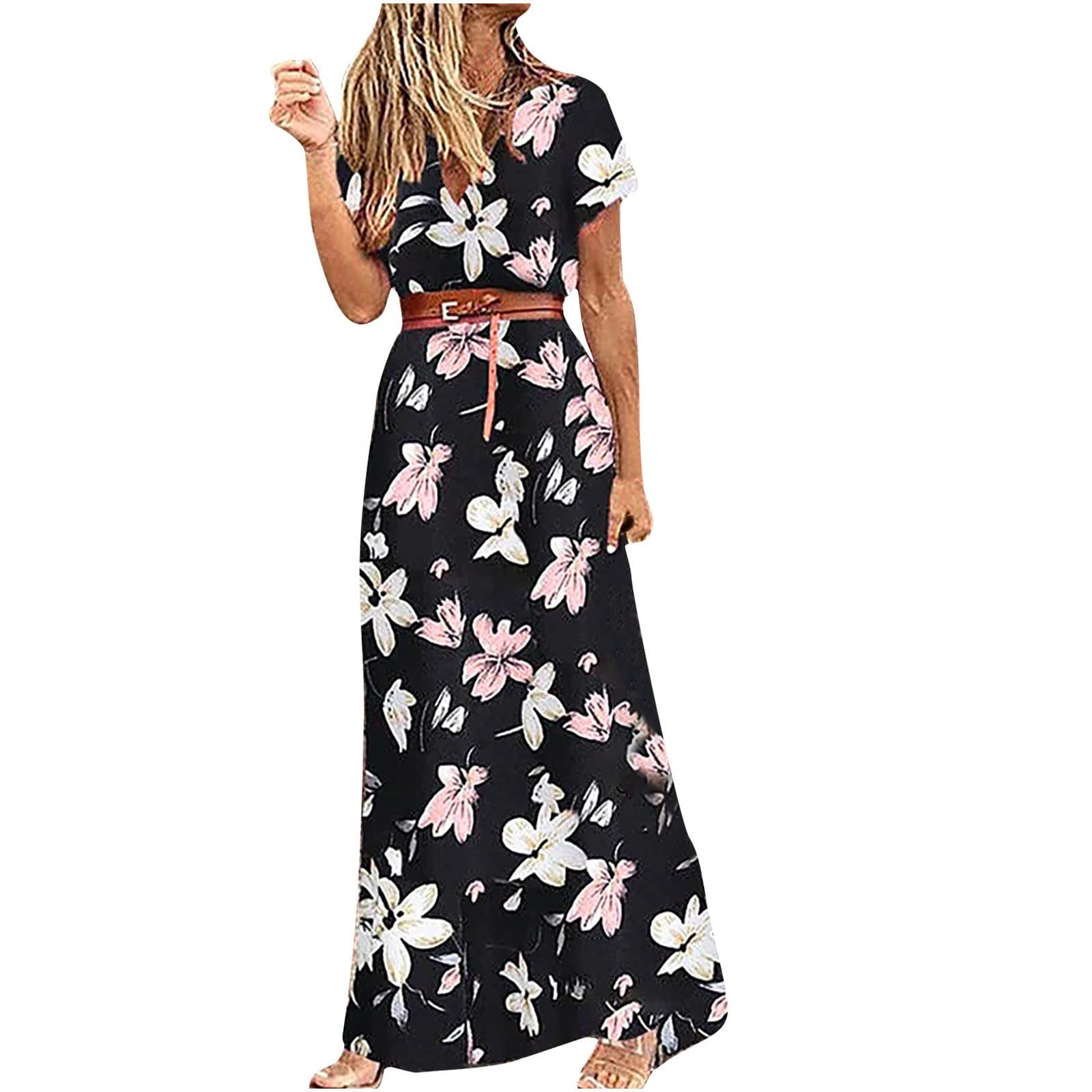 Jupe longue à manches courtes pour femmes, robe maxi florale pour dames, soirée bohème décontractée, jupe imprimée pour femmes