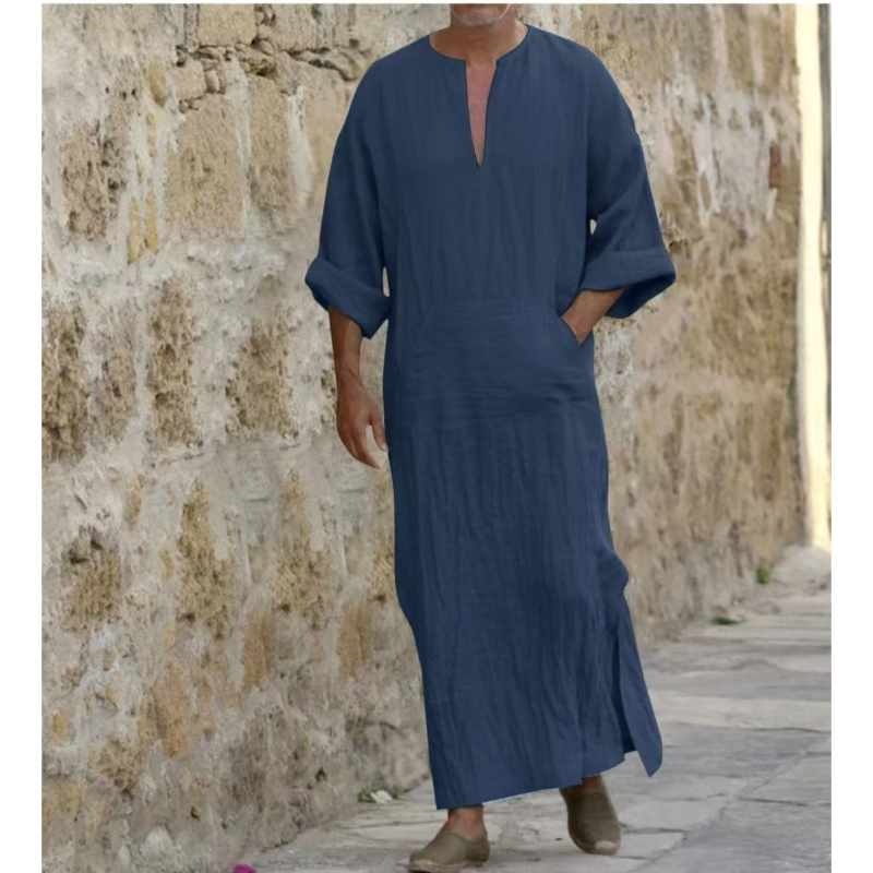 Jubba Thobe en coton et lin pour homme, manches courtes, coupe ample, robe islamique décontractée, chemise longue, Thawb marocain confortable, Abaya islamique