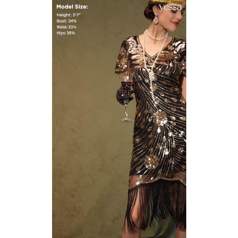 Robes à clapet des années 1920, robes Gatsby pour femmes, Costumes rugissants à franges des années 20 avec accessoires des années 20 pour les nuits Harlem