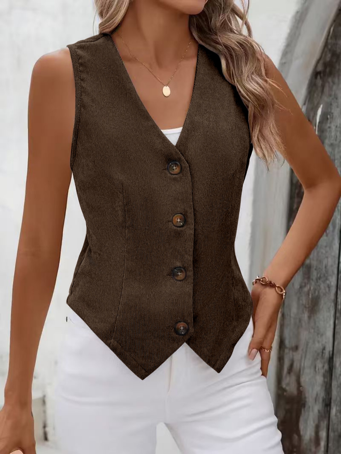 Gilet Vintage en velours côtelé pour femmes, gilet ajusté boutonné à col en v, débardeur marron décontracté sans manches rétro des années 90 pour superposition