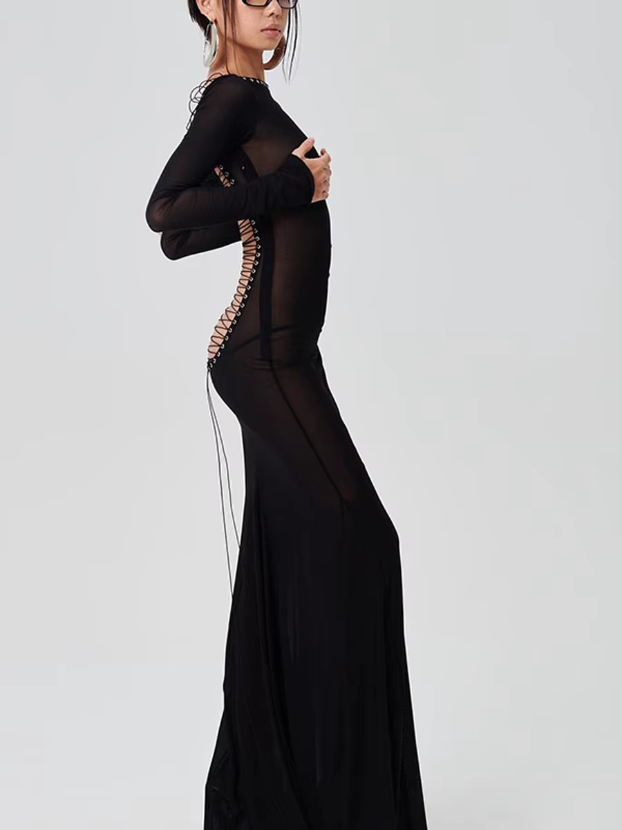 Robe noire en dentelle transparente à manches longues pour femmes, robe de soirée Sexy, longueur au sol, Slim, robes de soirée, de boîte de nuit, robe de noël rouge