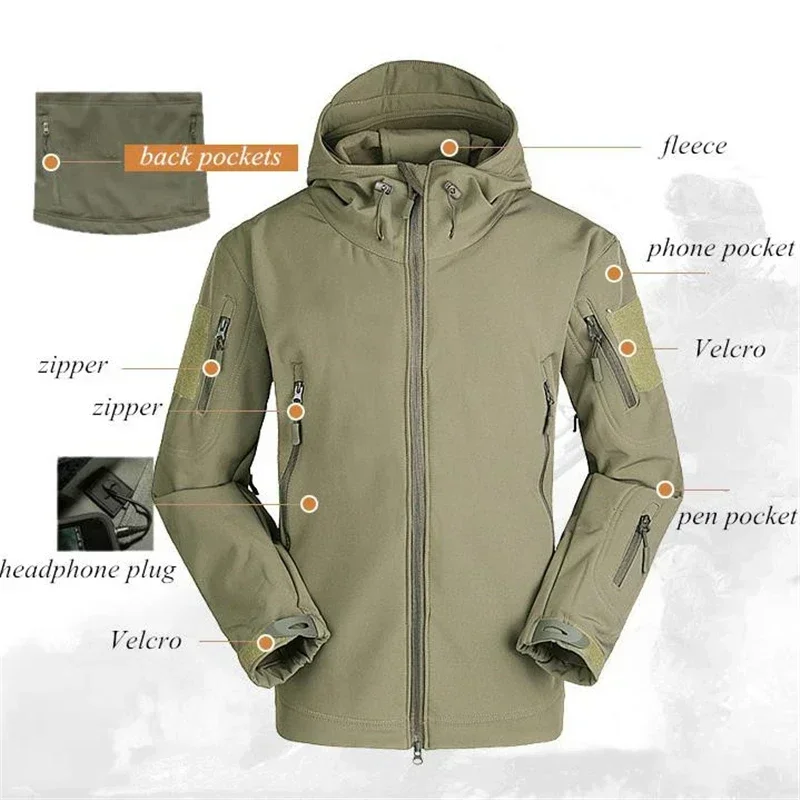 Veste d'extérieur à coque souple bleu marine pour hommes, manteau tactique militaire imperméable, coupe-vent et pantalon à capuche en polaire chaude pour l'hiver