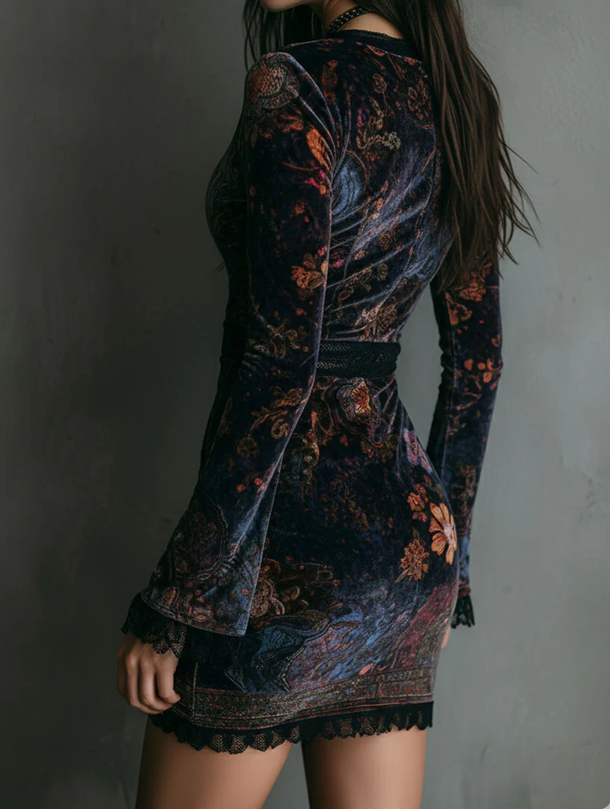 Velours Flroal imprimé dentelle Patchwork mince Mini robe à manches longues Sexy col en v gothique rétro femmes automne Vintage robe 2025