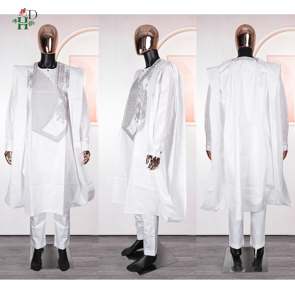H & D – vêtements africains pour hommes, traditionnel riche Bazin, broderie originale, blanc, ensemble 3 pièces, pour occasions de fête de mariage, 2024
