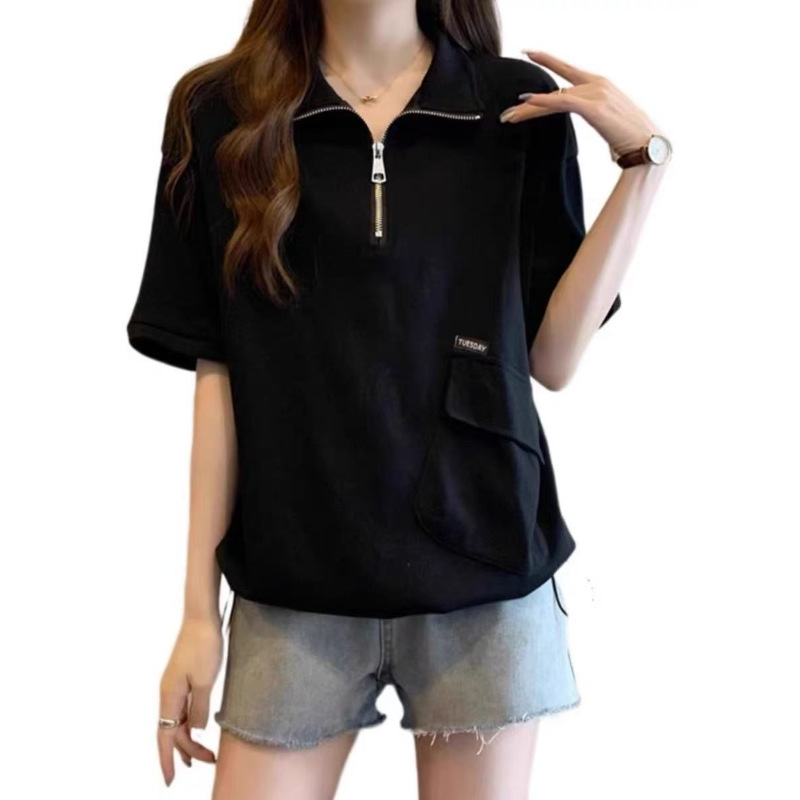 Vêtements pour femmes de grande taille, t-shirt à manches courtes, couleur unie, décontracté et fin, polyvalent, avec fermeture éclair, nouvelle collection printemps et été