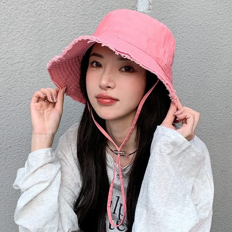 Casquette de pêcheur d'été pour femmes, chapeau seau coréen rose à larges bords, pare-soleil de voyage de plage en plein air, chapeaux Panama