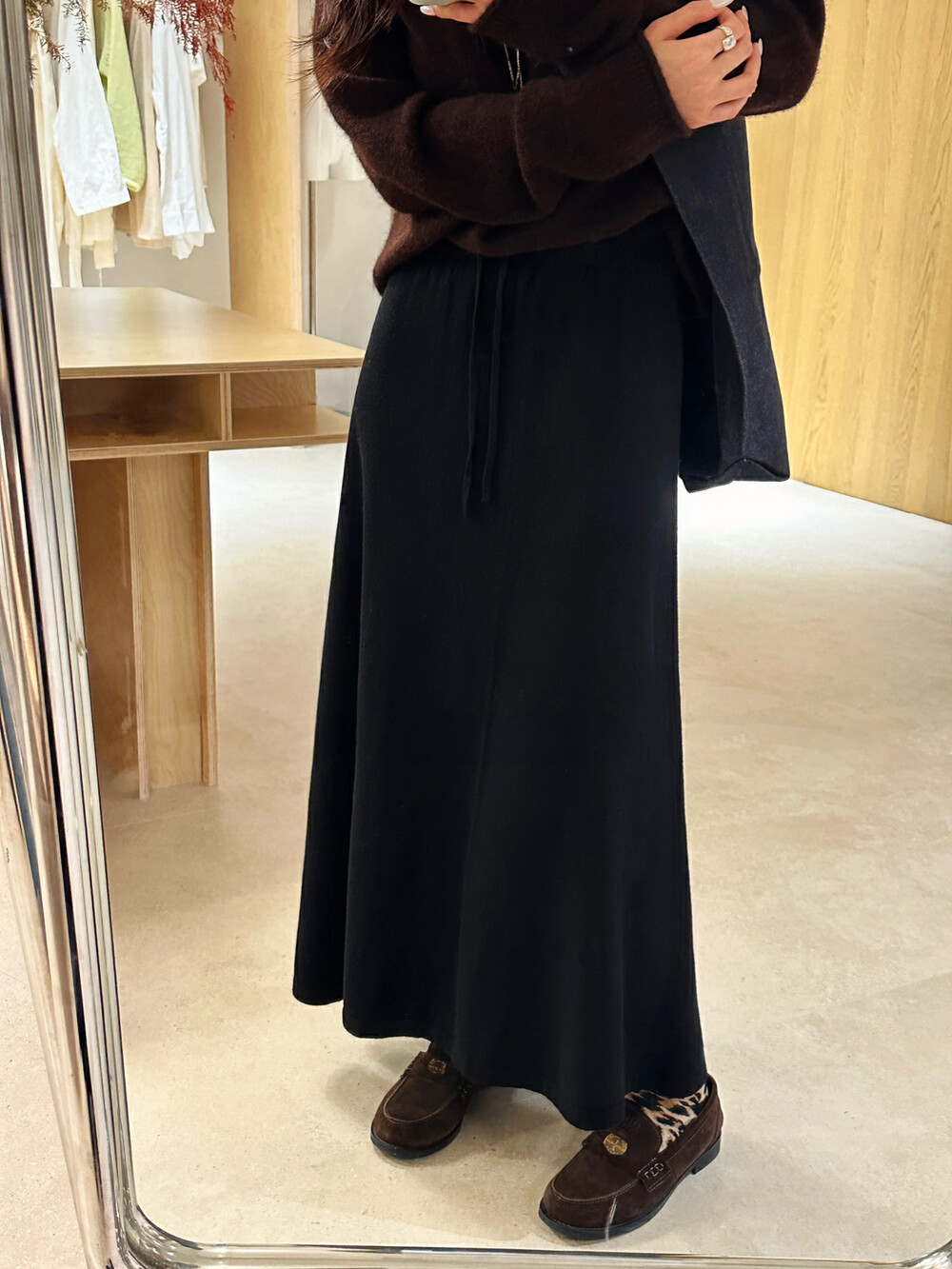 Jupe polyvalente en tricot de laine mi-longue pour femmes, avec taille élastique, Style doux et souple, ourlet large, mode décontractée