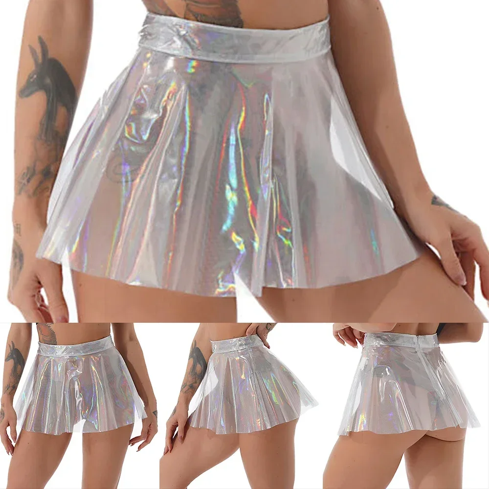 Jupes femmes Mini jupe 1 pièce plissée Mini jupes voir à travers les jupes Clubwear Transparent PVC 100% tout neuf