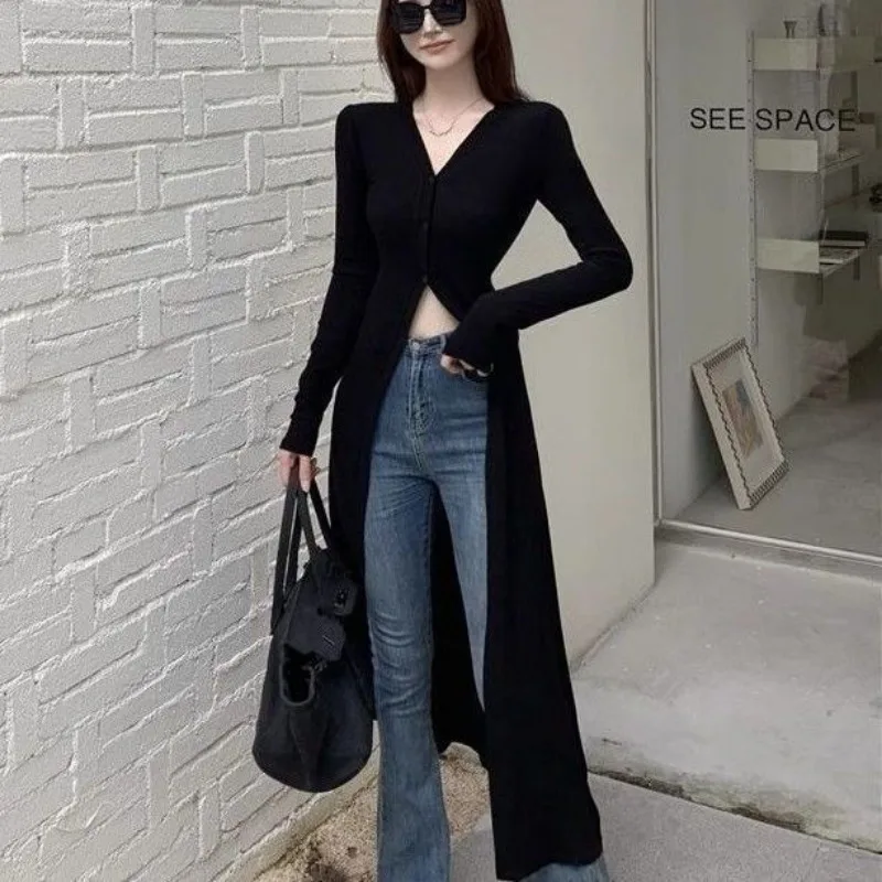Chemises noires à manches longues et col en V pour femmes, cardigan mince, coupe-vent mi-long, chemisiers minces, streetwear chic, automne, Y-Y2K