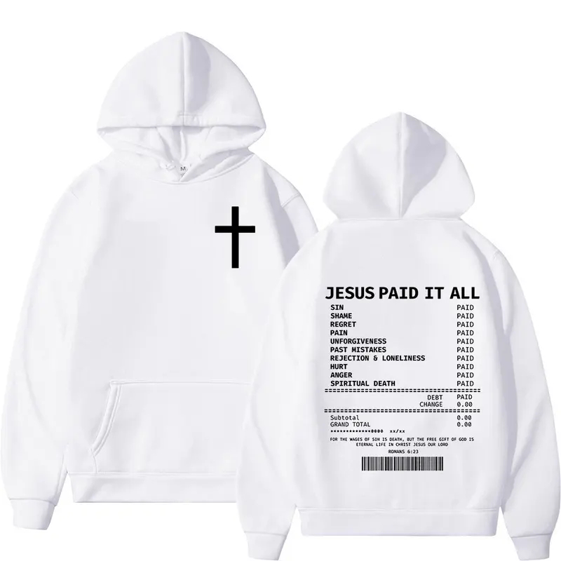 Sweat-shirts à capuche unisexes 2025 Christian Jesus Paid It All, style hip-hop, coupe oversize, avec verset biblique, vêtements vintage