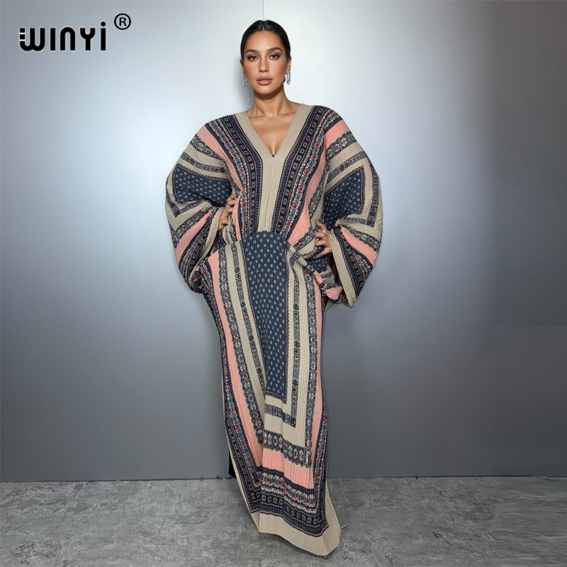 WINYI Robe ample plissée élastique style bohème, robe de plage, kaftan, abaya, robe de soirée de luxe Dubaï, abaya pour femme musulmane