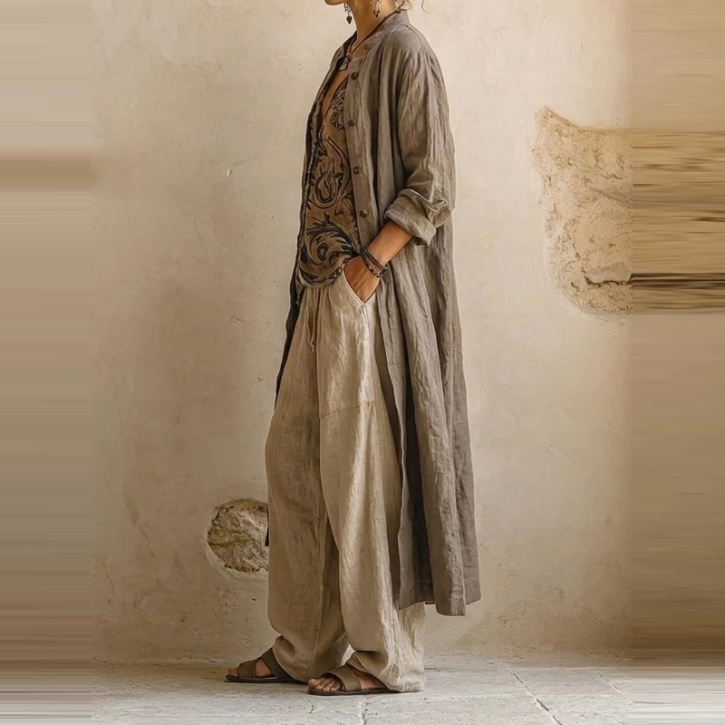 Ensemble 3 pièces pour femme en coton et lin, imprimé tendance, coupe ample, avec haut sans manches sexy à col en V, pantalon long et cardigan