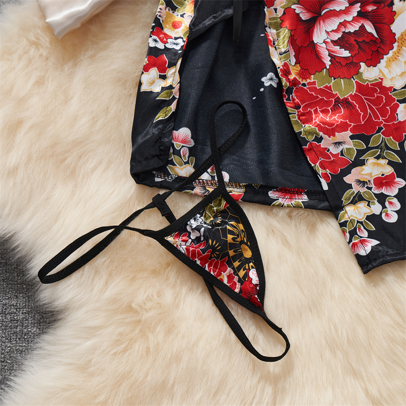 Kimono japonais col en v imprimé fleur nœud taille façonnant Cardigan robe femmes vêtements ample à manches longues Vintage tendance à lacets