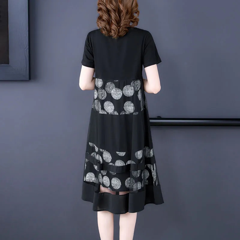 Robe imprimée à manches courtes pour femmes, grande taille, faux deux pièces, mère, mode, femme d'âge moyen, noir, 4XL, été, nouveau