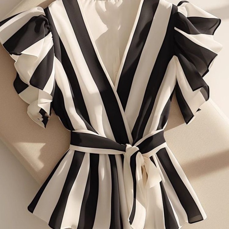 Été femmes hauts tempérament Blouses pour femmes 2025 Camisas De Mujer col en v chemises ajustées volants rayé Vintage Blouse