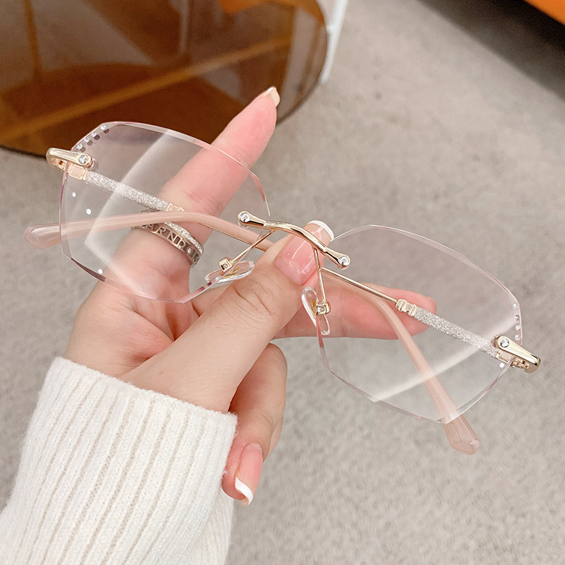 Lunettes de Lecture Sans Monture Rose de Luxe pour Femme, Monture Carrée, Coupe Diamant, Presbytie, Anti-bleu, Vue de Loin