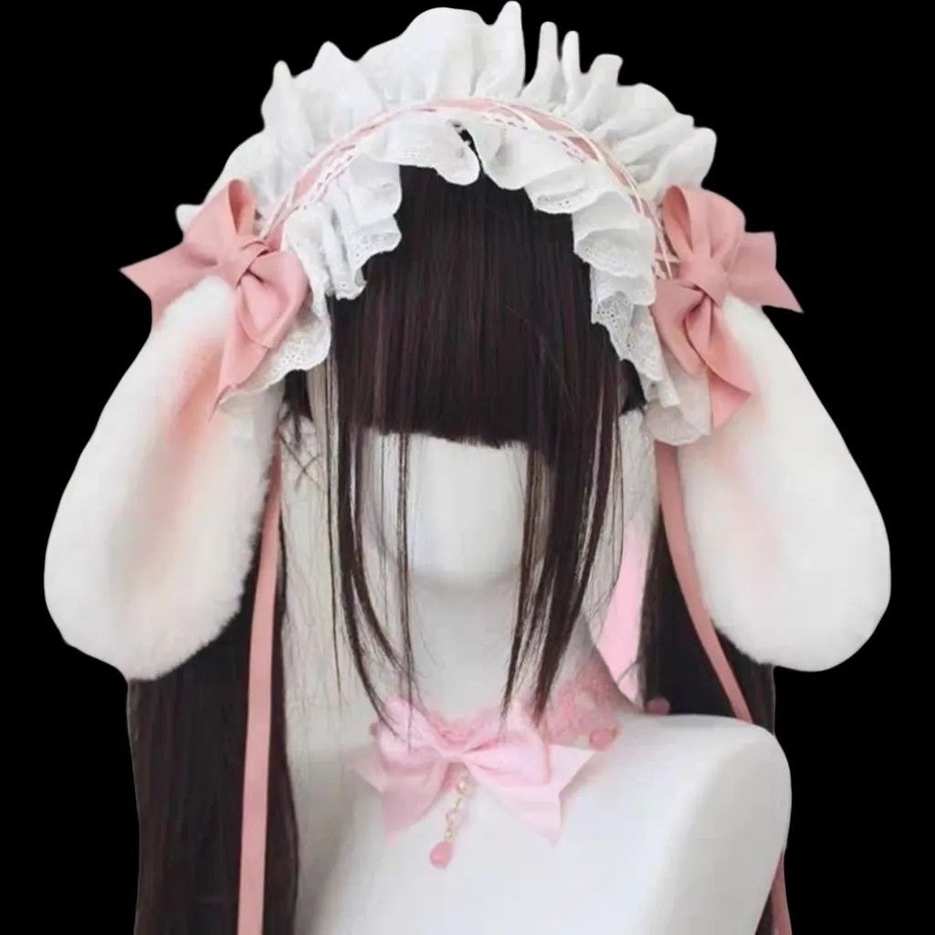 Serre-tête gothique avec oreilles de lapin et nœud, style Harajuku Gothic Lolita Y2K, pour fille, avec dentelle et volants, style punk