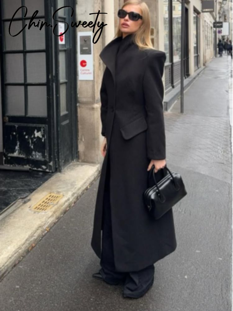 Manteau en laine élégant pour femmes, noir, simple bouton, col montant, Slim, longs manteaux, automne hiver 2021, Chic, Streetwear féminin, nouveau