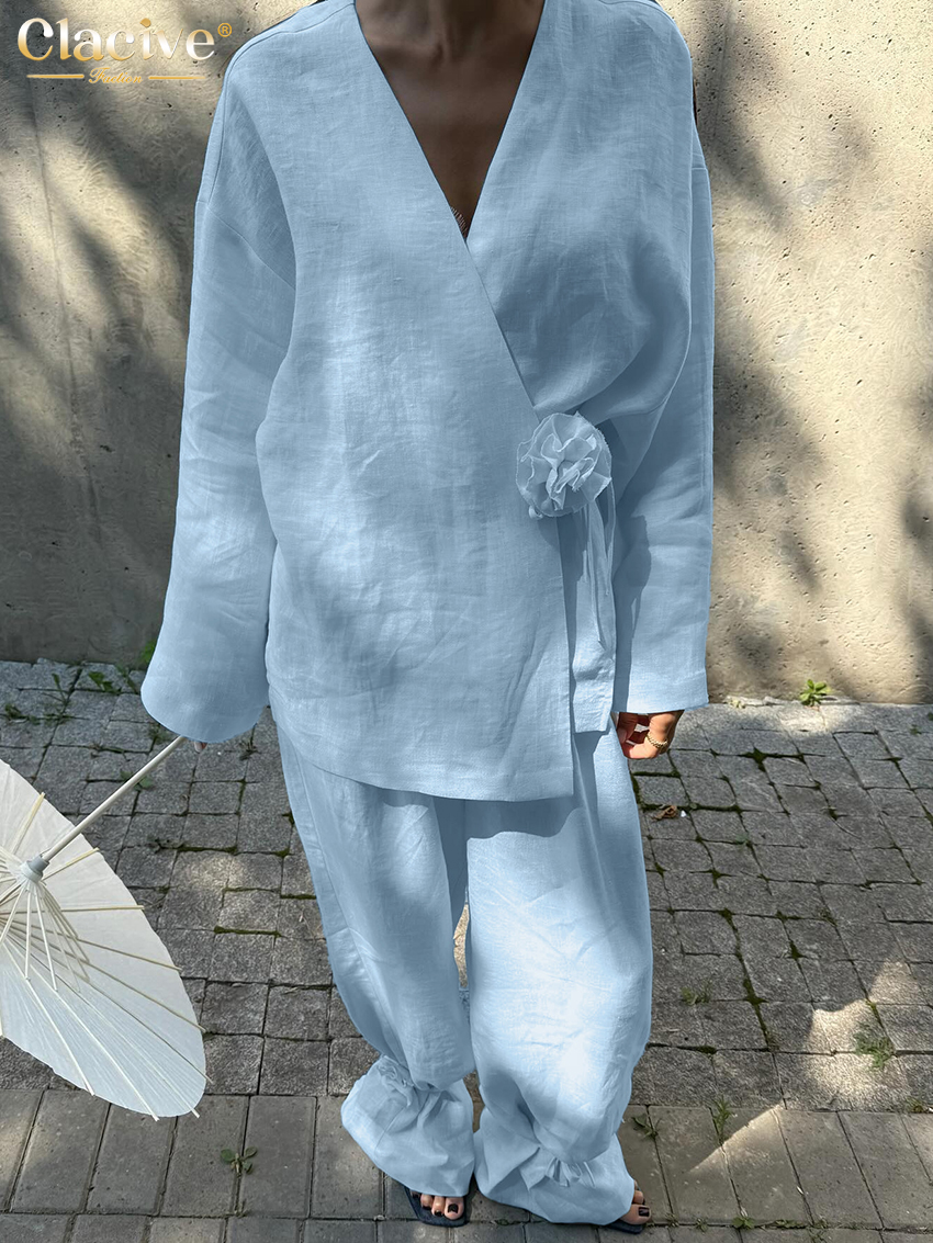 Clacive mode ample bleu deux pièces tenues femme 2025 élégant chemise à manches longues avec taille haute pantalon large ensemble vêtements féminins