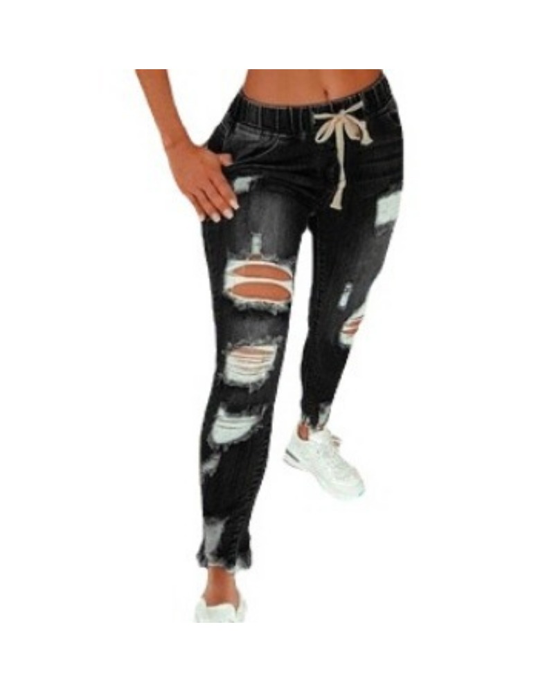 Jean taille serrée pour femme, taille moyenne, à lacets, coupe cintrée, pieds élastiques, pantalon en Denim perforé, taille S-5XL