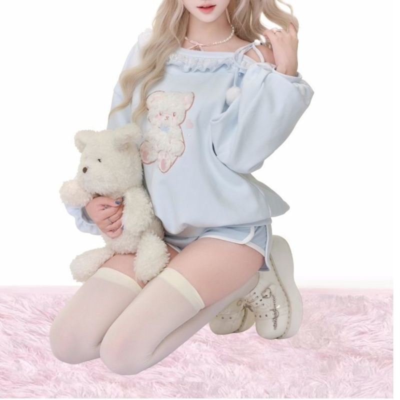 Ensemble deux pièces pour fille, style japonais kawaii, broderie, Y2k, chemise à manches longues à col asymétrique plissé, short à cordon de serrage