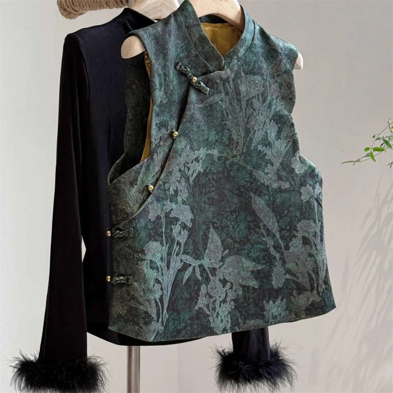 Gilets et vestes pour femmes, Gilet jacquard mode Joker, Gilet cardigan à col montant style ethnique pour femme, Haut vert foncé d'automne