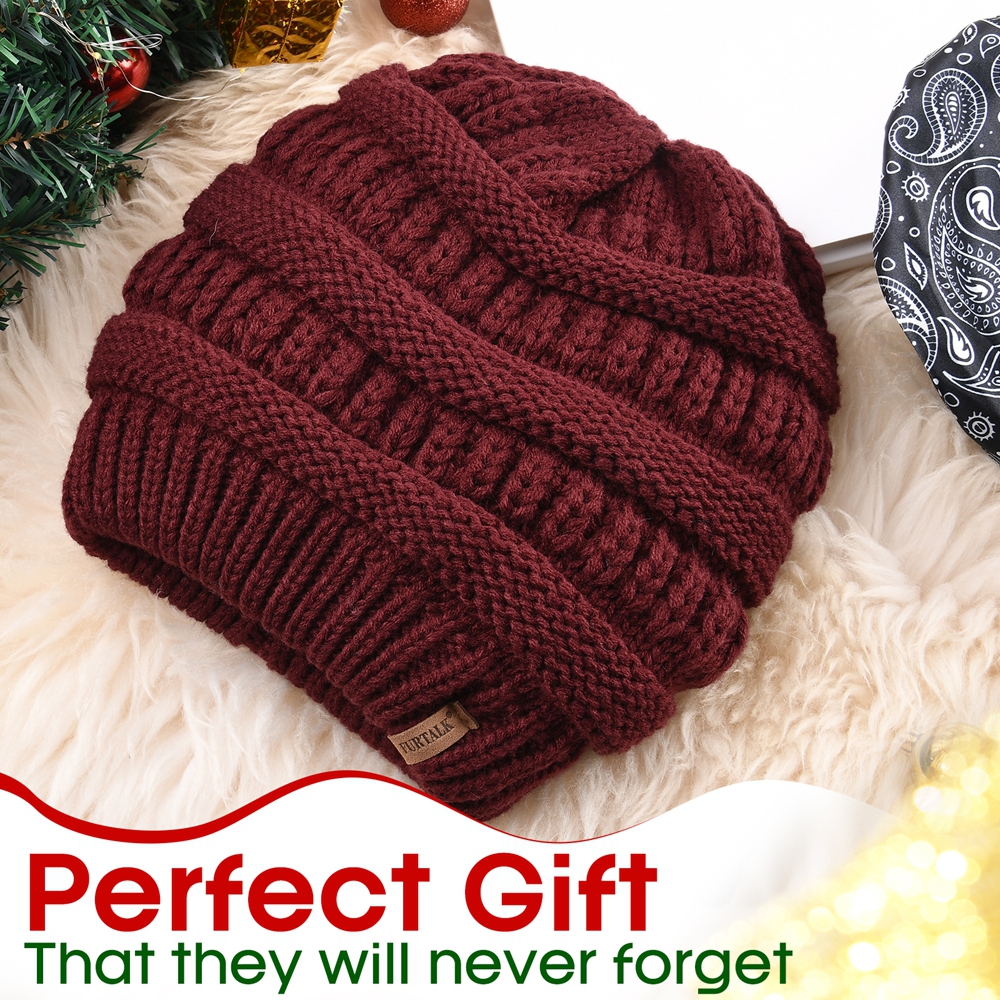 FURTALK hiver Satin doublé bonnet chapeau pour femmes câble tricot gros bonnets amples dame Double couche crâne casquette chaude mode