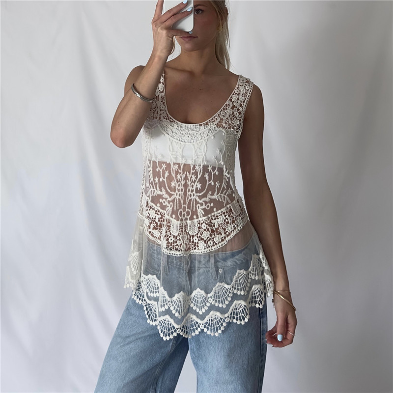 Tunique de plage mi-longue sans manches pour femme, en dentelle florale au crochet, dos nageur, maille transparente, ourlet festonné, style cache-maillot