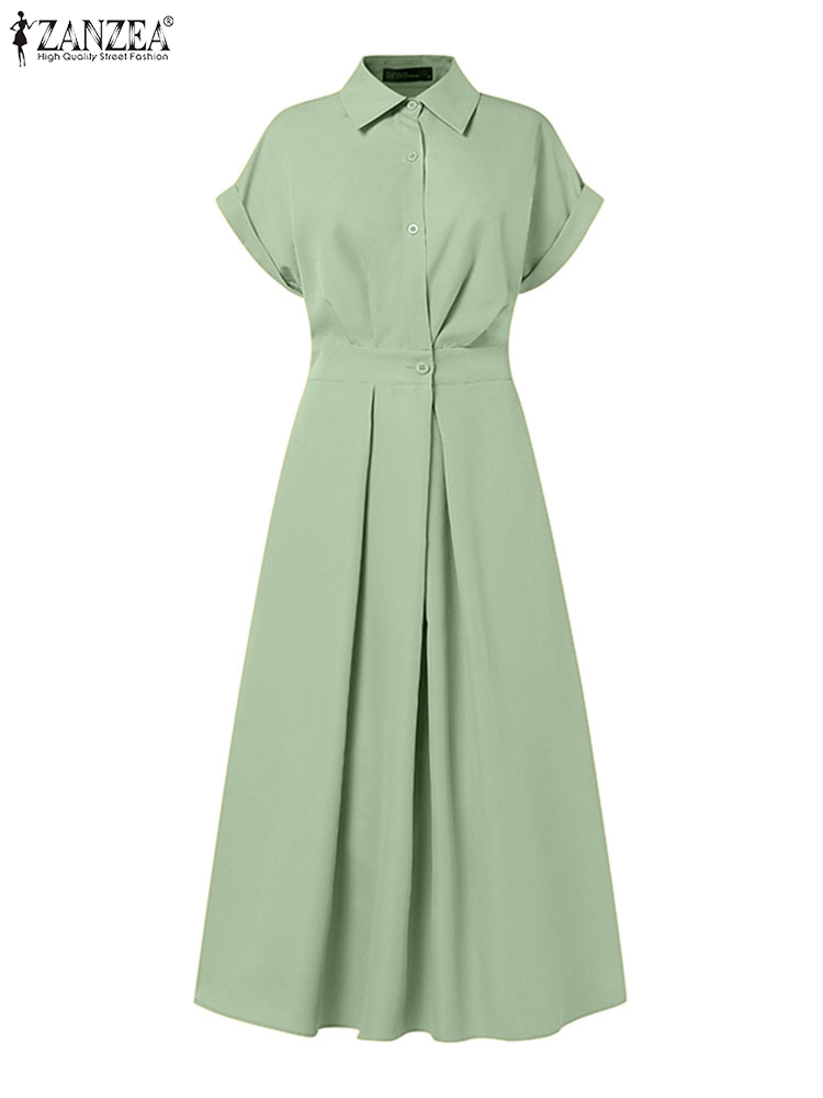 Femmes été OL Robe de travail ZANZEA élégant à manches courtes bureau Robe d'été décontracté solide une ligne boutons vacances robes caftan Robe