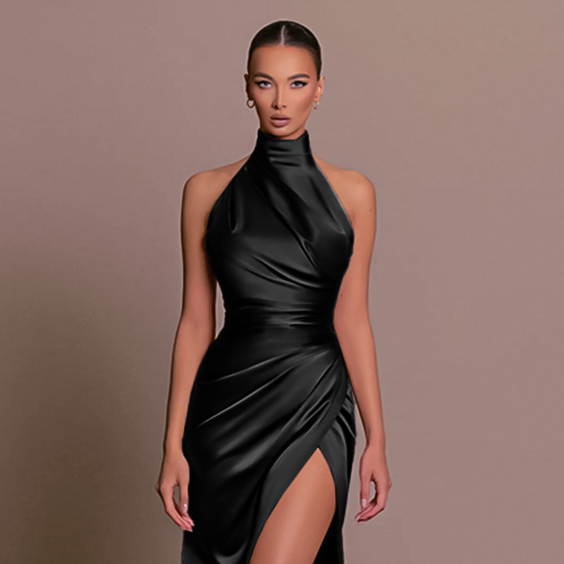 Robes longues élégantes pour femmes, robes de soirée pour femmes, col montant, col frontal, fente couvertes sexy