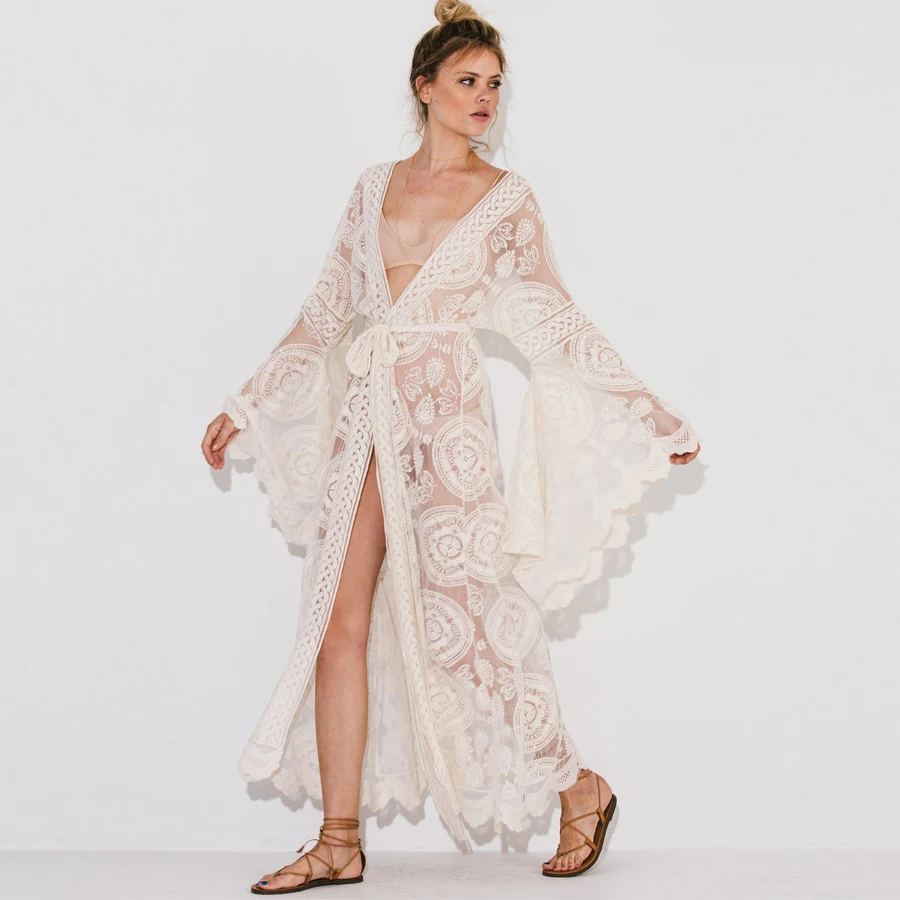 TEELYNN – Kimono à manches longues pour femmes, chemisier Boho en dentelle, broderie florale, Cardigan enveloppant sexy, vêtements de plage, chemisiers gitans pour femmes