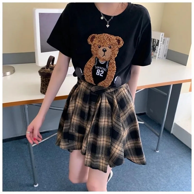 Ensemble jupe et haut d'été pour femme, t-shirt noir à manches courtes, jupe à carreaux trempée, mode esthétique