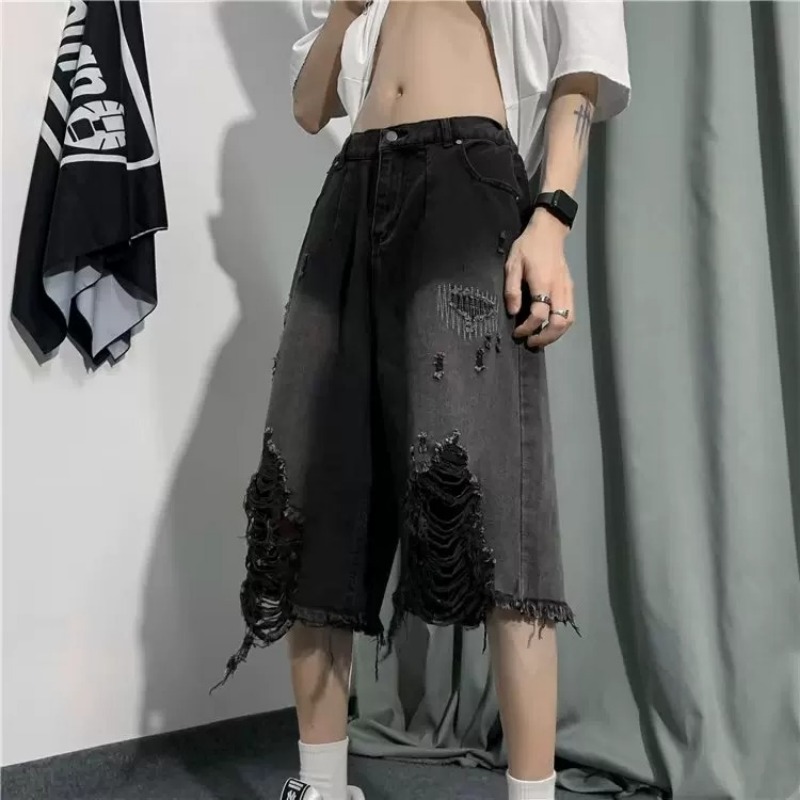 Jeans déchirés pour hommes, pantalon en denim, pantalon court, décontracté, été, vintage, streetwear, jambe large, élégant