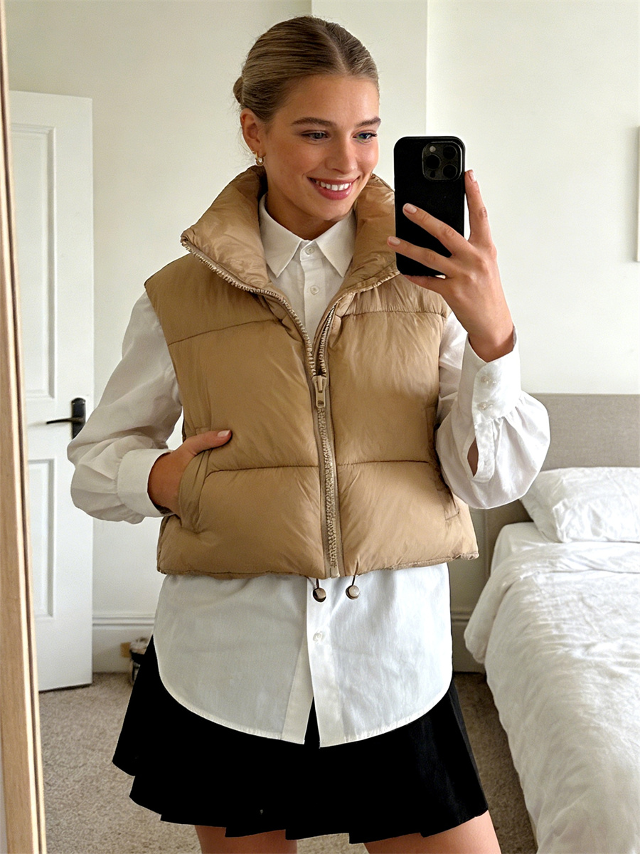 Gilet court chaud pour femme, col montant, sans manches, léger, vêtements d'extérieur à la mode, automne et hiver