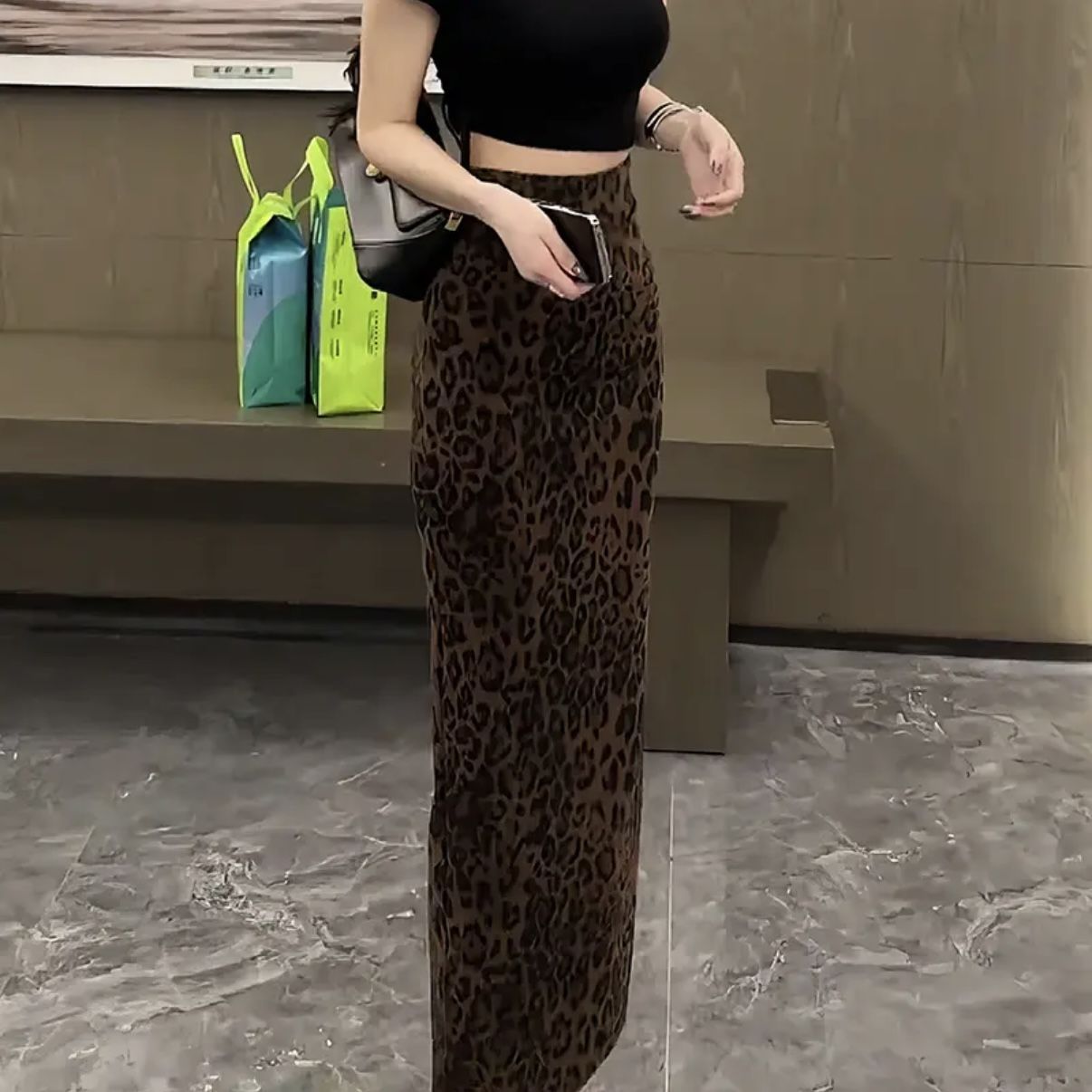 Jupe imprimée léopard pour femmes, Sexy et élégante, fente aux hanches, mi-longue, Style rétro, jupe extensible à la mode, automne hiver