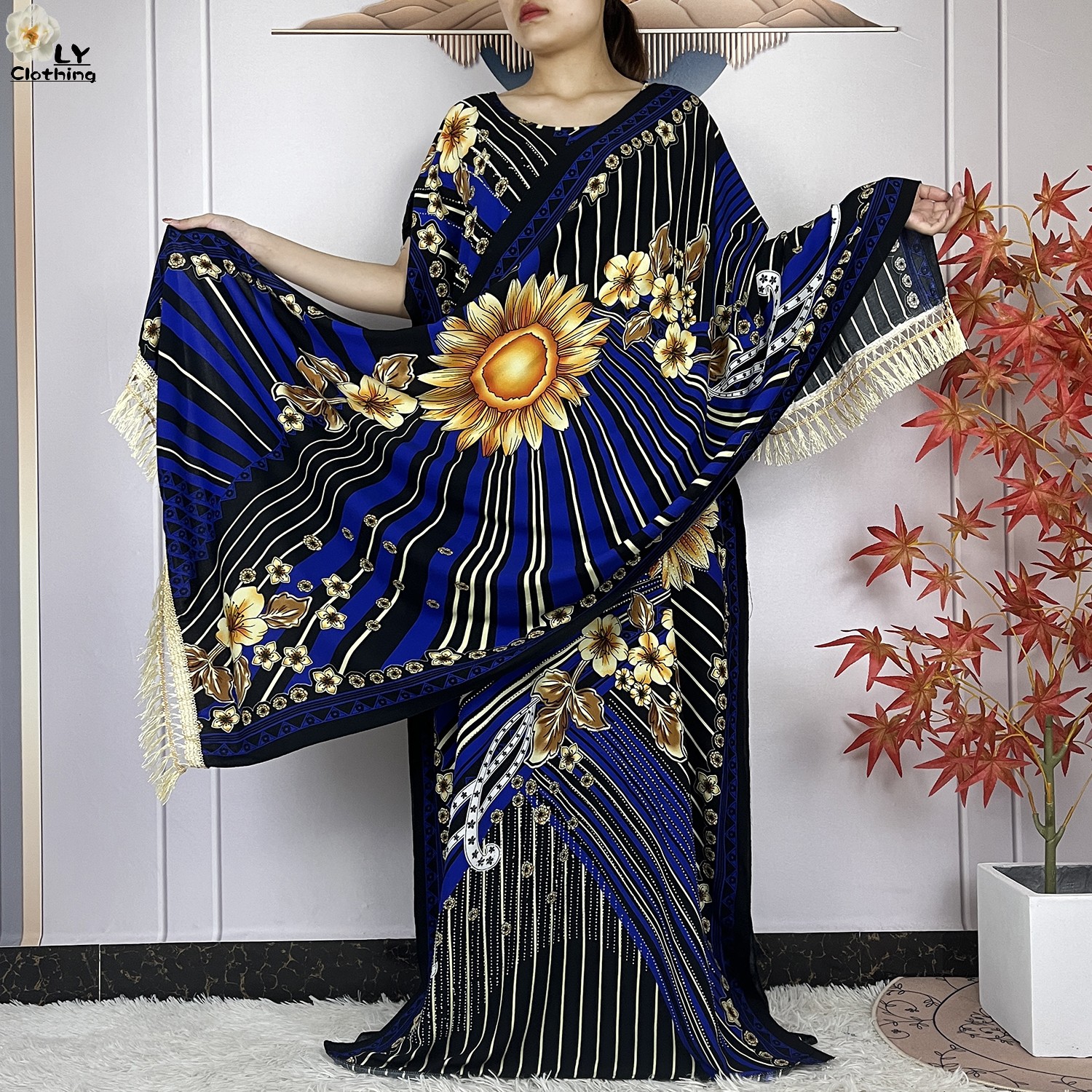 Abaya-Ensemble pour femmes musulmanes, robe africaine, en coton, imprimé floral, dashiki adt, maxi, avec pompon, grande écharpe, nouvelle collection