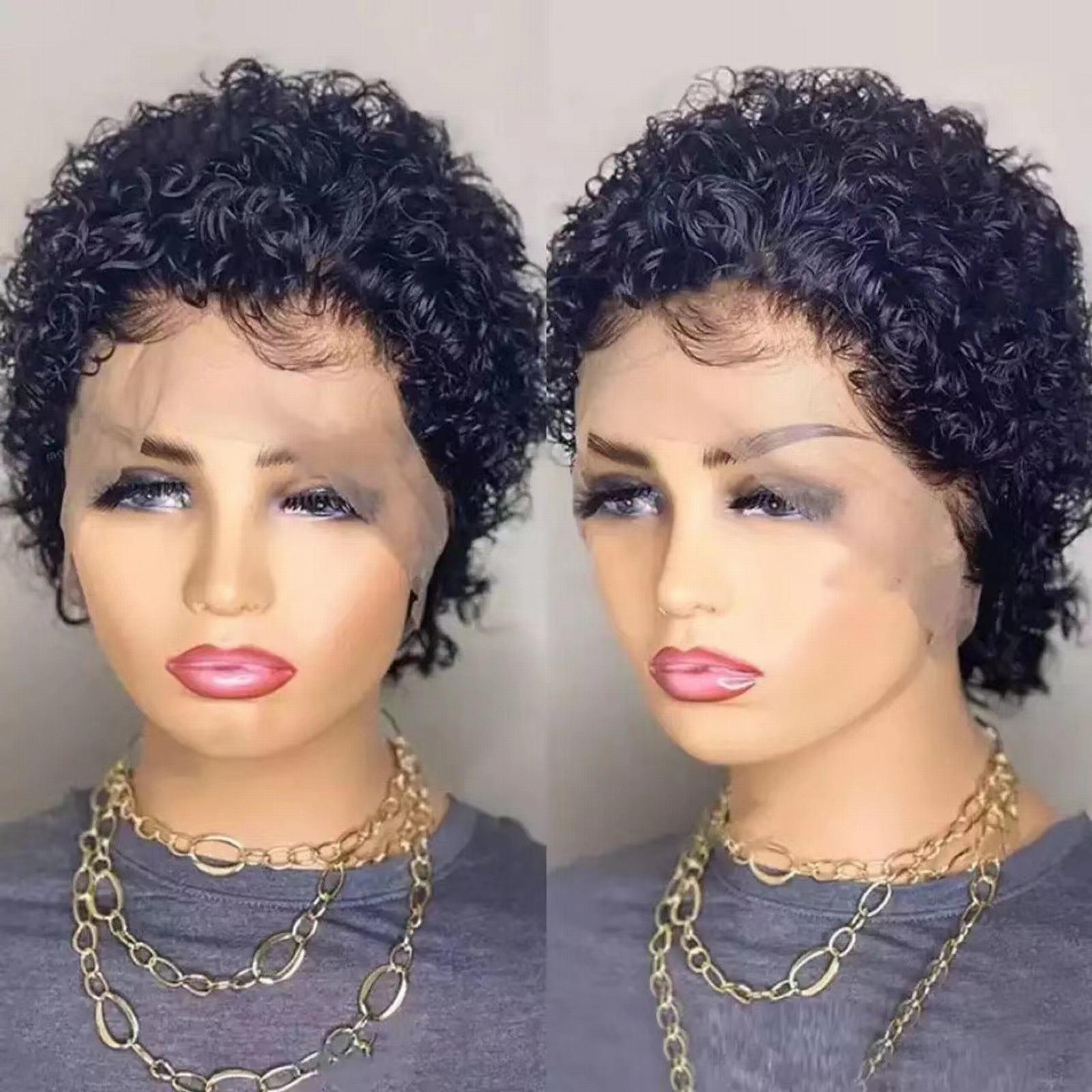 Perruque cheveux humains femme perruque moyen noir petits cheveux bouclés couvre-tête courte femme perruque haute température soie Photo décoration