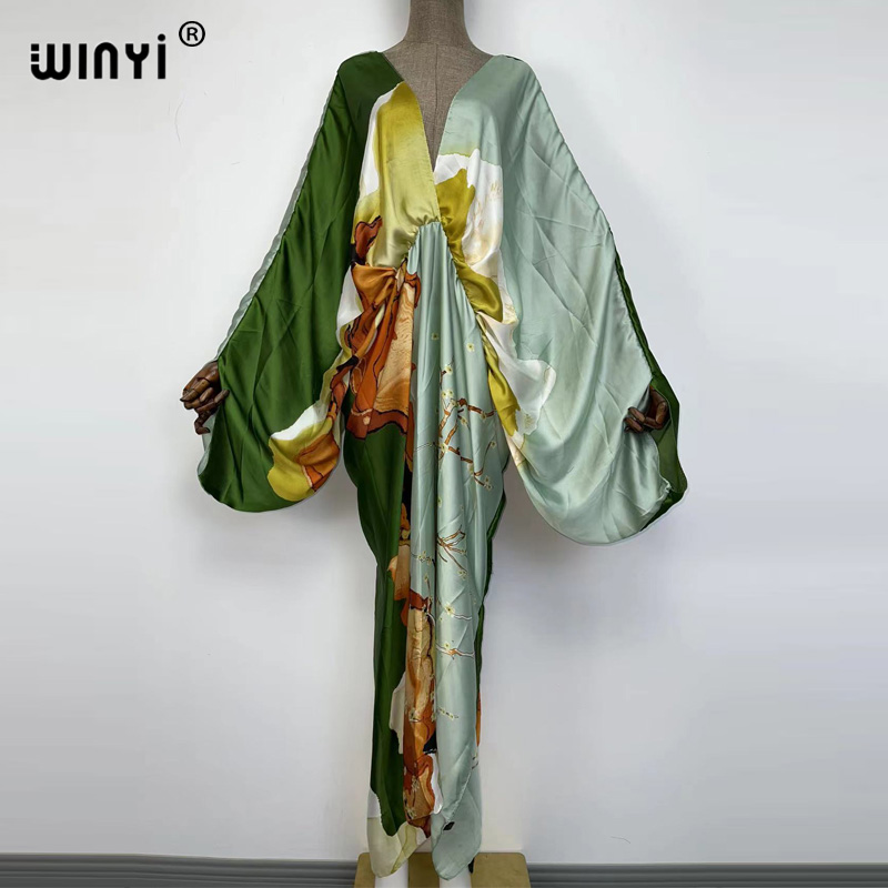 WINYI-Robe longue de plage en V profond, style bohème, kaftan, soie, rayonne, imprimé, mode 2022