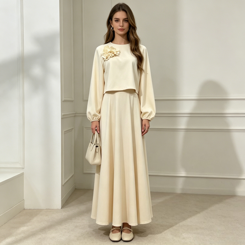 Ensemble de mode Eid Dubaï 2 pièces pour femme : haut à manches lanternes et jupe, ensembles musulmans, jalabiya avec appliques, ensembles pour femmes