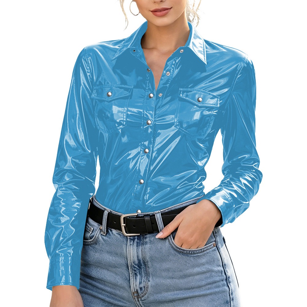 Chemisier Femme Grande Taille avec Poches, Effet Mouillé PVC, Manches Longues, Blouse Brillante en Similicuir PU, Hauts Boutonnés, Style Streetwear