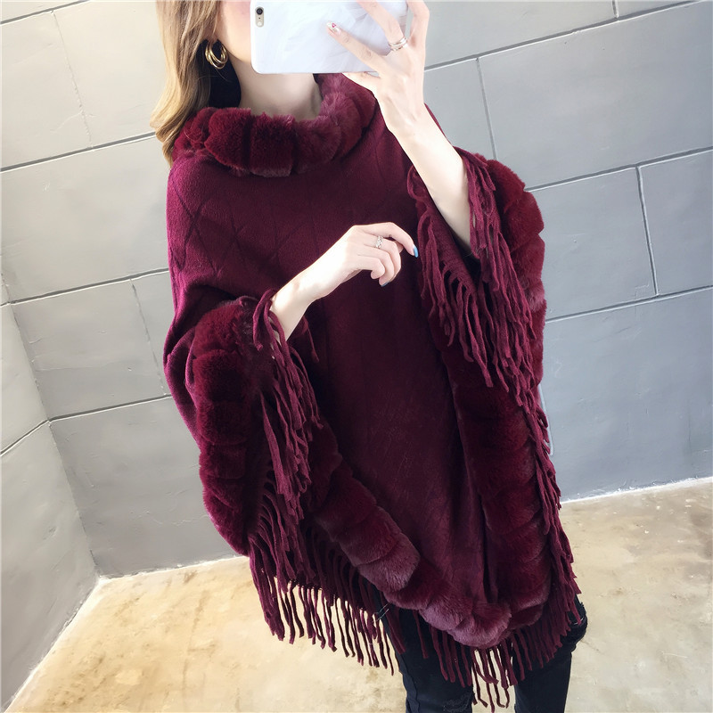 Manteau en fausse fourrure de lapin pour femme, pull à col en laine, châle chaud, Poncho, Capes grises, automne et hiver