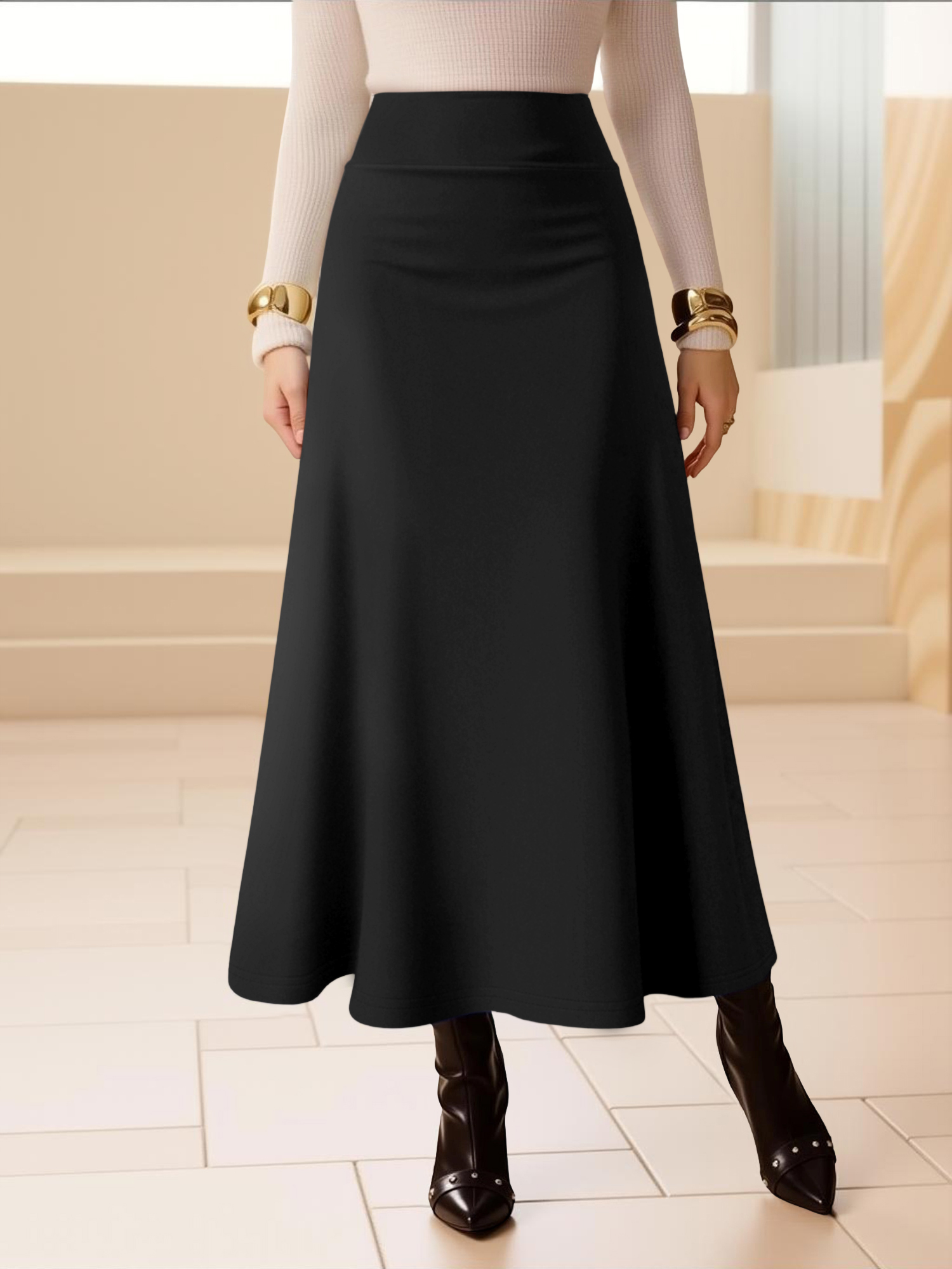 Jupe mi-longue à taille haute pour femmes, style évasé et fluide, tissu respirant pour tenues décontractées, sorties et dates, couleurs classiques