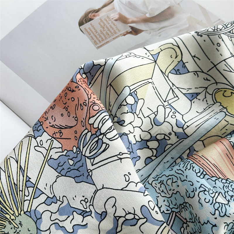 Foulard en twill de soie de mûrier 100% 90x90cm, imprimé Palais Sous-Marin Fantaisie, bord roulé à la main, accessoire de mode féminin pour le cou, la tête ou la poche