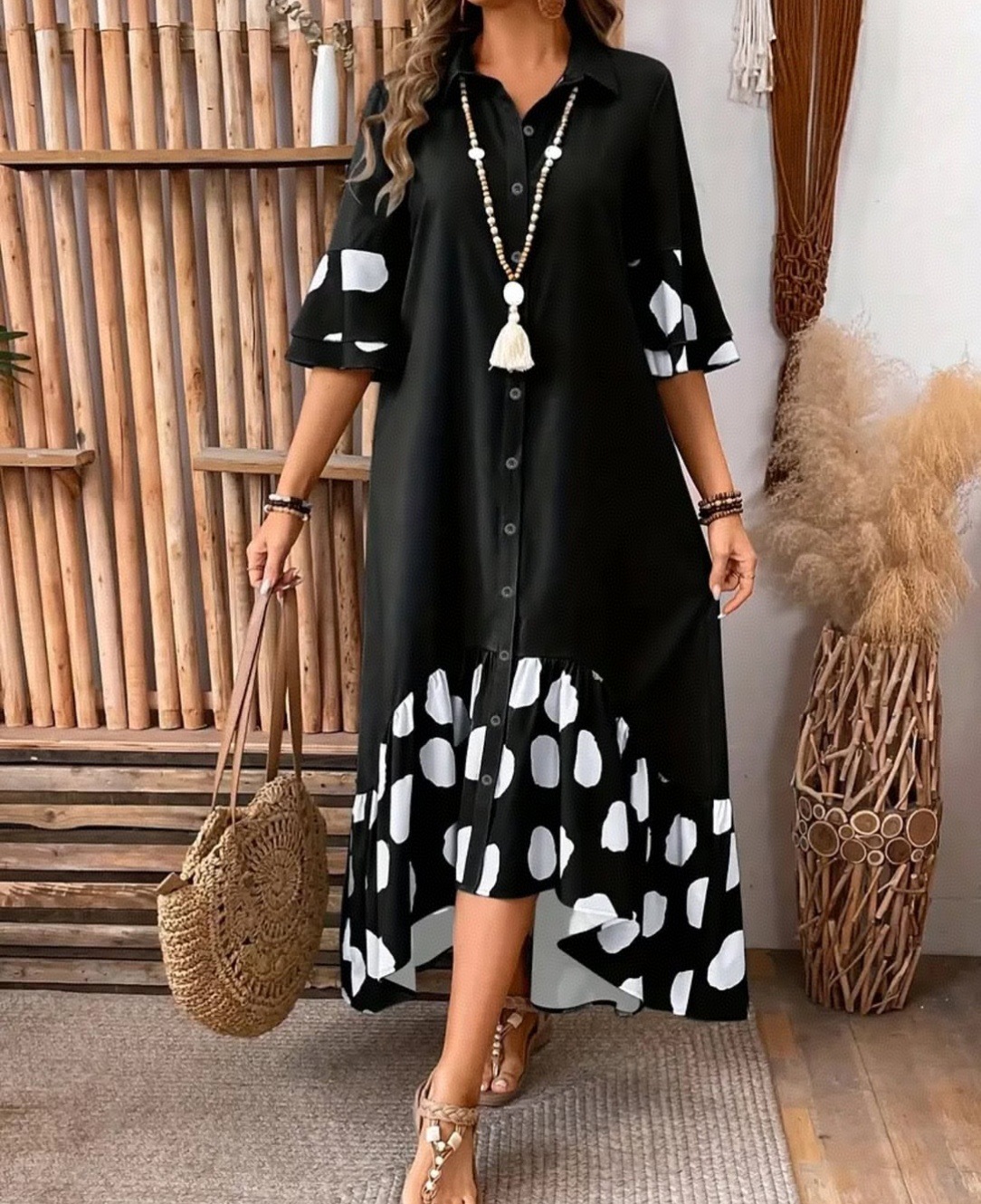Robe imprimée à pois pour femmes, élégante, pour les déplacements, revers ample, simple boutonnage, manches évasées épissées ​ ​ robes à gros ourlet