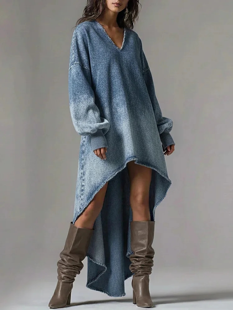 Robe en jean ample pour femme, col en V sexy, manches lanternes, ourlet irrégulier asymétrique, robe longue élégante, robes décontractées de printemps pour femmes