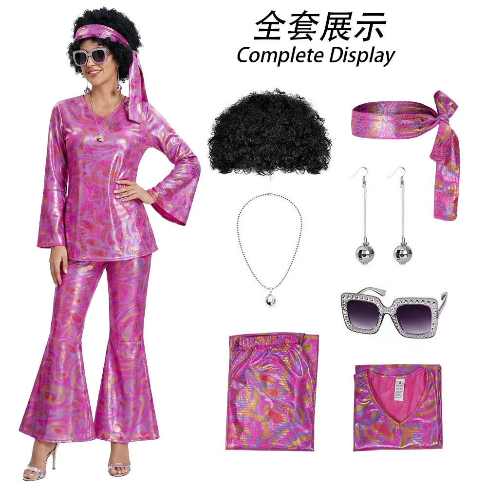 Ensemble de tenue de fête disco pour femmes, costume d'Halloween, haut et pantalon avec lunettes de soleil, collier, boucles d'oreilles, perruque