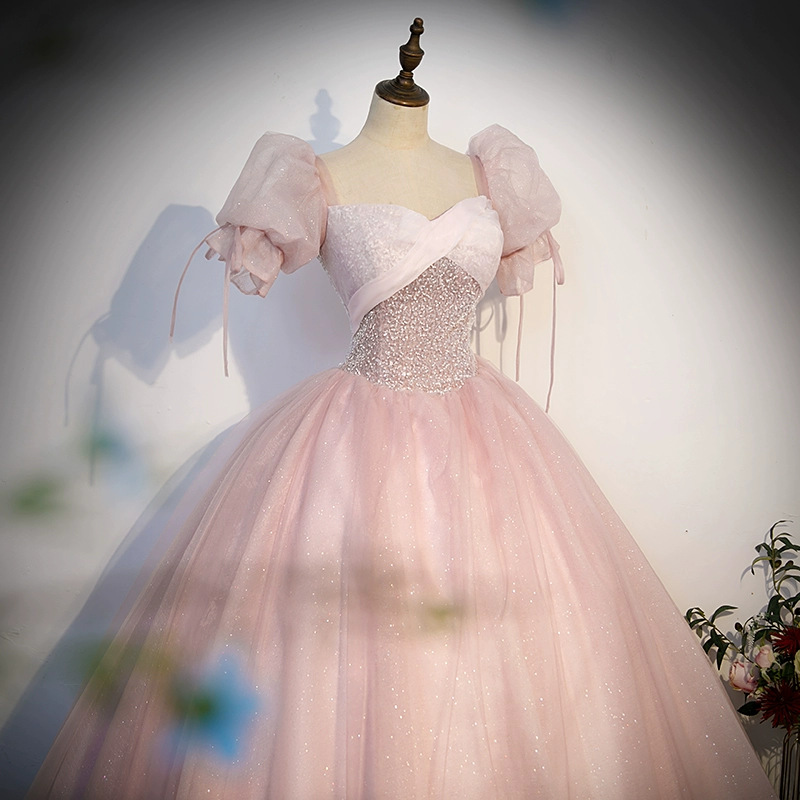Robe de Soirée en Tulle à Paillettes et Manches Moelleuses, Tenue de Princesse, Longueur au Sol, Ligne A, Taille Haute, pour Banquet Formel, Élégante, Nouvelle Collection 2024