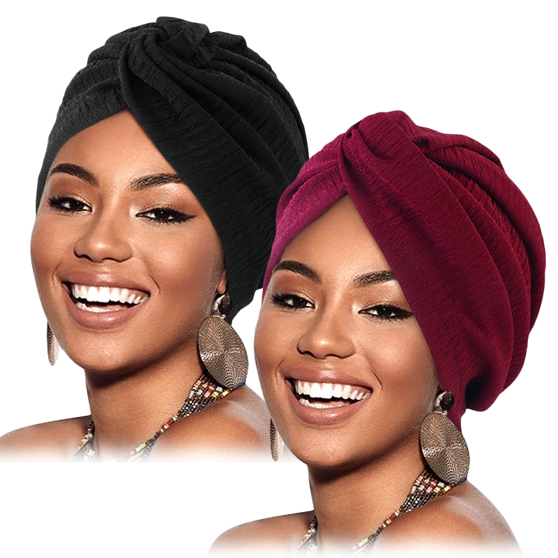 Turban plissé à nœud torsadé pour femmes, 2 pièces/lot, casquette de chimio élastique, Bonnet Hijab, couvre-chef, chapeau pour perte de cheveux contre le Cancer, accessoires